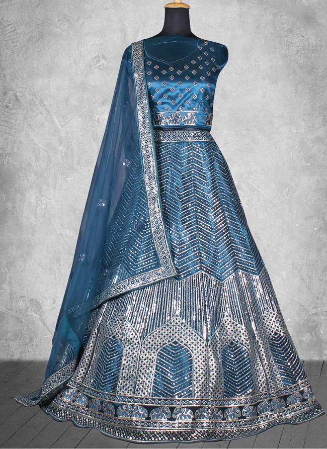 Net Teal Wedding Wear Sequins Work Lehenga Choli